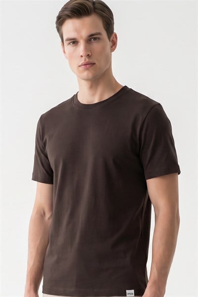 Kahverengi Bisiklet Yaka Kısa Kol Slim Fit Pamuklu Tişört 1011265166