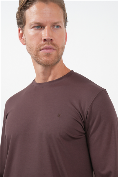 Kahverengi Bisiklet Yaka Uzun Kol Örme Standart Fit Esnek Sweatshirt 1013260150