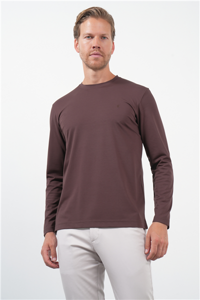 Kahverengi Bisiklet Yaka Uzun Kol Örme Standart Fit Esnek Sweatshirt 1013260150