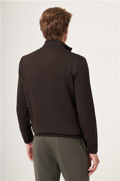 Kahverengi Dik Yaka Uzun Kol Örme Comfort Fit Pamuklu Hırka Kazak 1012265157