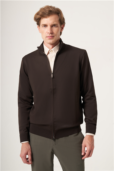 Kahverengi Dik Yaka Uzun Kol Örme Comfort Fit Pamuklu Hırka Kazak 1012265157