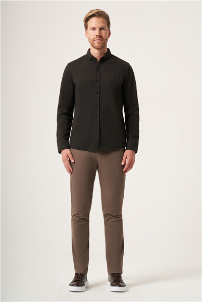 Kahverengi Düğmeli Yaka Dokulu Örme Slim Fit Esnek Gömlek 1004265171
