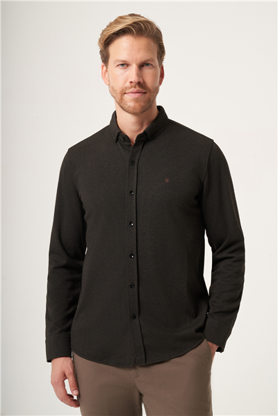 Kahverengi Düğmeli Yaka Dokulu Örme Slim Fit Esnek Gömlek 1004265171