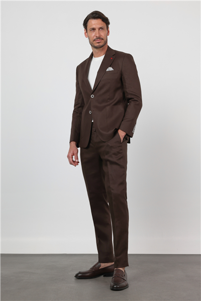 Kahverengi Düz Desen Keten Mono Yaka 6 Drop Slim Fit %100 Keten Takım Elbise 1001260164