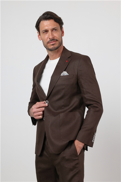 Kahverengi Düz Desen Keten Mono Yaka 6 Drop Slim Fit %100 Keten Takım Elbise 1001260164
