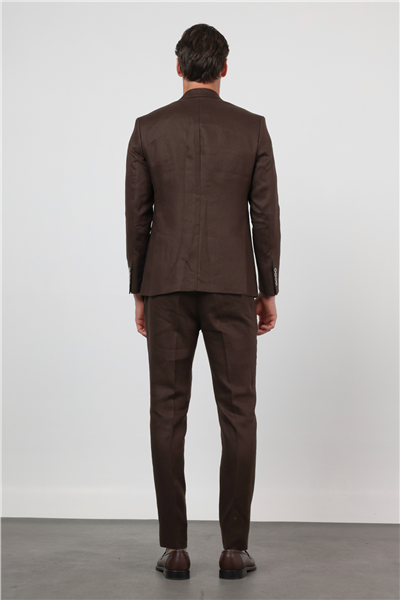Kahverengi Düz Desen Keten Mono Yaka 6 Drop Slim Fit %100 Keten Takım Elbise 1001260164