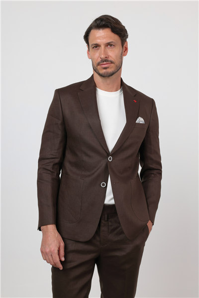 Kahverengi Düz Desen Keten Mono Yaka 6 Drop Slim Fit %100 Keten Takım Elbise 1001260164