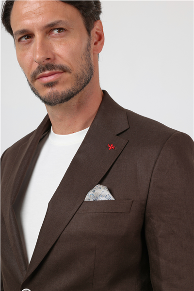 Kahverengi Düz Desen Keten Mono Yaka 6 Drop Slim Fit %100 Keten Takım Elbise 1001260164