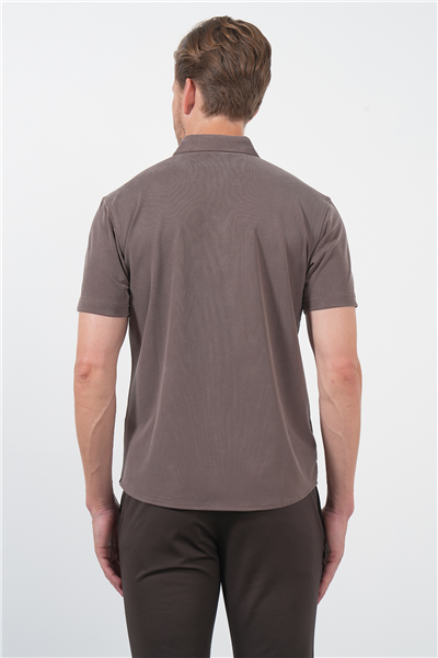 Kahverengi İtalyan Yaka Kısa Kol Cepsiz Slim Fit Esnek Gömlek 1004260159