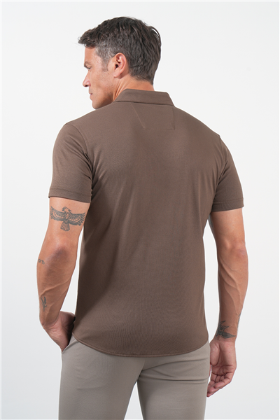 Kahverengi İtalyan Yaka Kısa Kol Cepsiz Slim Fit Pamuklu Gömlek 1004260158