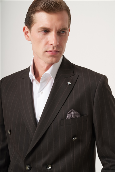 Kahverengi Kırlangıç Yaka Çizgili Kruvaze 6 Drop Slim Fit Tam Astar Esnek Takım Elbise 1001260286