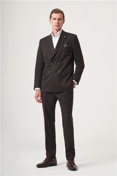 Kahverengi Kırlangıç Yaka Çizgili Kruvaze 6 Drop Slim Fit Tam Astar Esnek Takım Elbise 1001260286
