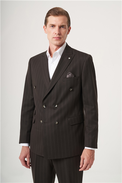 Kahverengi Kırlangıç Yaka Çizgili Kruvaze 6 Drop Slim Fit Tam Astar Esnek Takım Elbise 1001260286