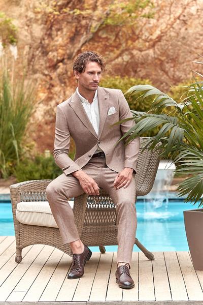 Kahverengi Kırlangıç Yaka Pamuklu Keten 6 Drop Slim Fit Dar Kesim Klasik Takım Elbise 1001240103