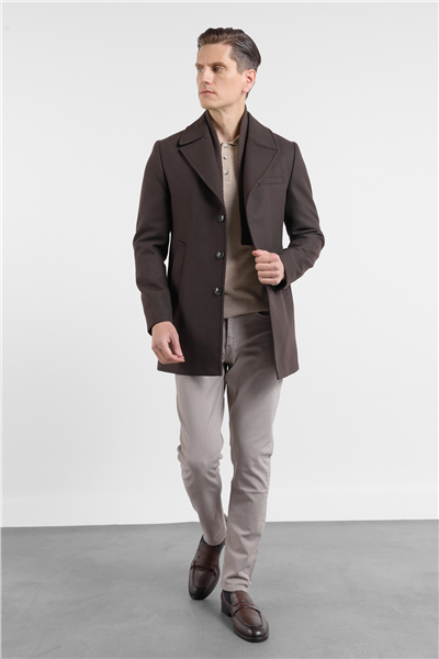 Kahverengi Mono Yaka Yan Cep Comfort Fit Esnek Kaşe Kaban 1008255260