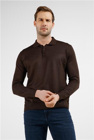 Kahverengi Polo Yaka Cepsiz Comfort Fit Classic Pamuklu Triko Kazak 1012255155