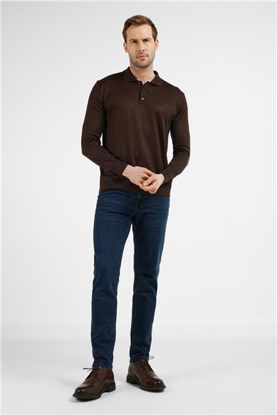 Kahverengi Polo Yaka Cepsiz Comfort Fit Classic Pamuklu Triko Kazak 1012255155