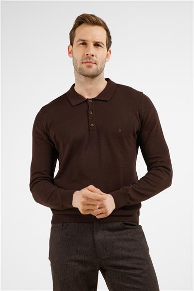 Kahverengi Polo Yaka Cepsiz Comfort Fit Classic Pamuklu Triko Kazak 1012255307