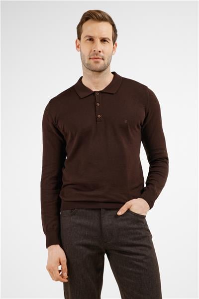 Kahverengi Polo Yaka Cepsiz Comfort Fit Classic Pamuklu Triko Kazak 1012255307