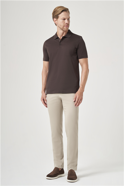 Kahverengi Polo Yaka Kısa Kol Cepli Comfort Fit %100 Pamuk Tişört 1011260163