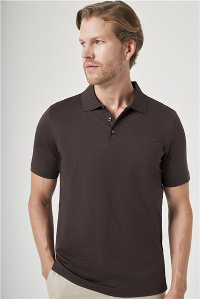 Kahverengi Polo Yaka Kısa Kol Cepli Comfort Fit %100 Pamuk Tişört 1011260163
