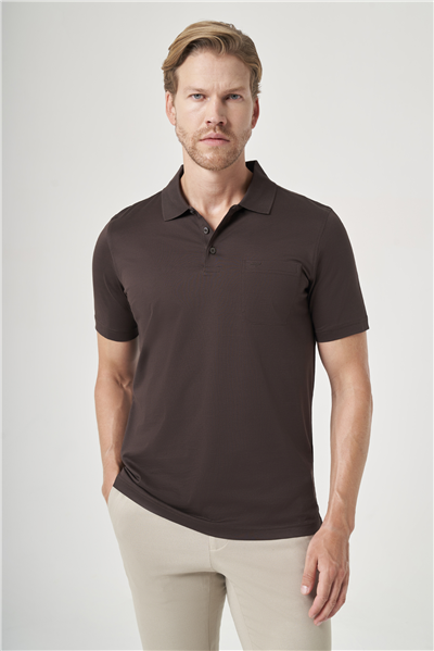 Kahverengi Polo Yaka Kısa Kol Cepli Comfort Fit %100 Pamuk Tişört 1011260163