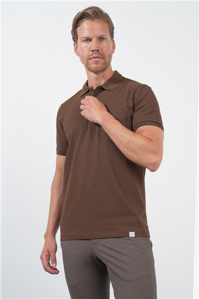 Kahverengi Polo Yaka Kısa Kol Cepli Comfort Fit Pamuklu Tişört 1011260155