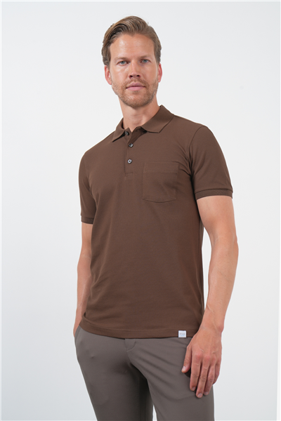 Kahverengi Polo Yaka Kısa Kol Cepli Comfort Fit Pamuklu Tişört 1011260155