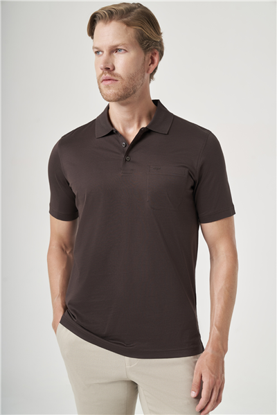 Kahverengi Polo Yaka Kısa Kol Cepli Comfort Fit %100 Pamuk Tişört 1011260163