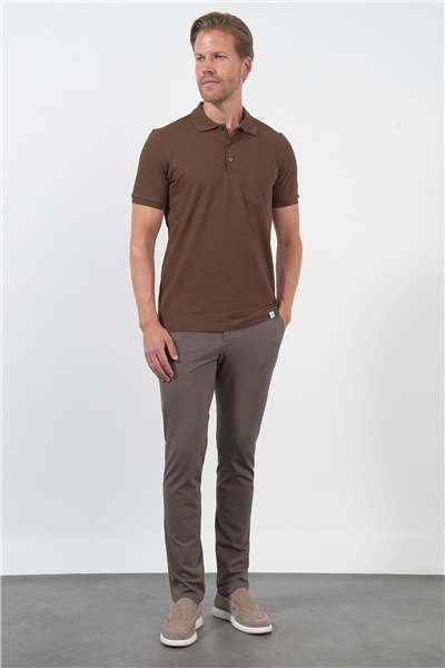 Kahverengi Polo Yaka Kısa Kol Cepli Comfort Fit Pamuklu Tişört 1011260155