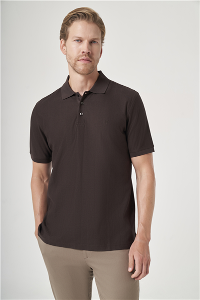 Kahverengi Polo Yaka Kısa Kol Cepsiz Comfort Fit %100 Pamuk Tişört 1011260162
