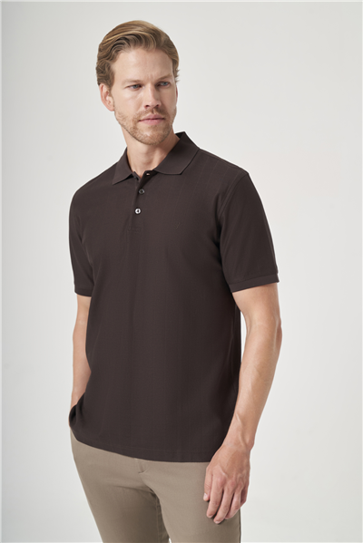 Kahverengi Polo Yaka Kısa Kol Cepsiz Comfort Fit %100 Pamuk Tişört 1011260162