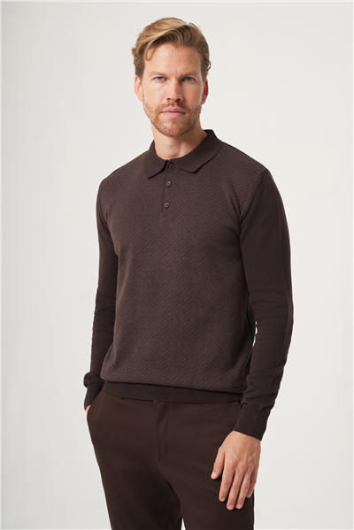 Kahverengi Polo Yaka Uzun Kol Örme Comfort Fit Pamuklu Kazak 1012265153