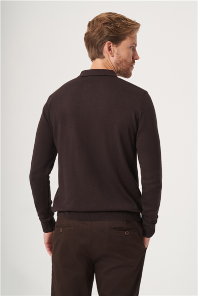 Kahverengi Polo Yaka Uzun Kol Örme Comfort Fit Pamuklu Kazak 1012265153