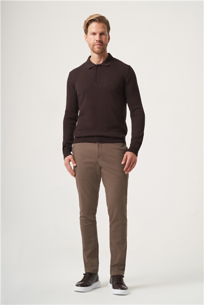 Kahverengi Polo Yaka Uzun Kol Örme Comfort Fit Pamuklu Kazak 1012265150