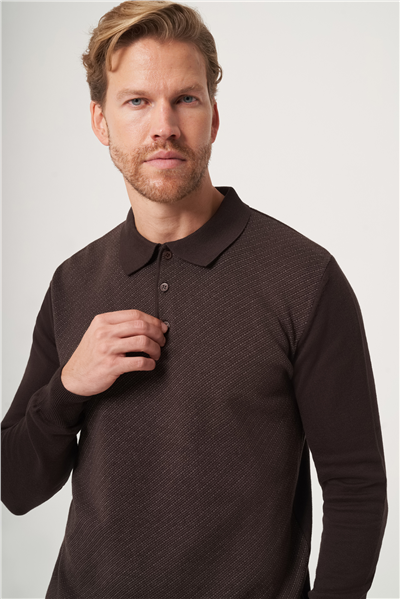 Kahverengi Polo Yaka Uzun Kol Örme Comfort Fit Pamuklu Kazak 1012265153
