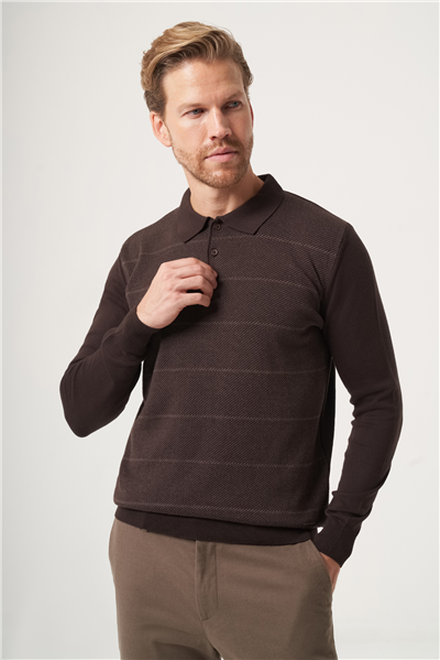 Kahverengi Polo Yaka Uzun Kol Örme Comfort Fit Pamuklu Kazak 1012265156