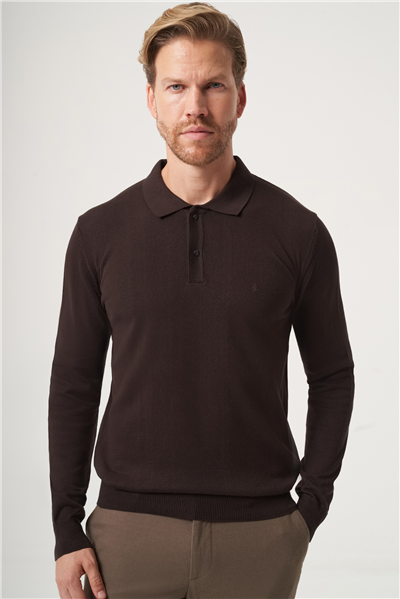 Kahverengi Polo Yaka Uzun Kol Örme Comfort Fit Pamuklu Kazak 1012265150