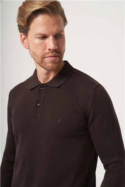 Kahverengi Polo Yaka Uzun Kol Örme Comfort Fit Pamuklu Kazak 1012265150