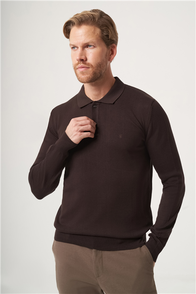 Kahverengi Polo Yaka Uzun Kol Örme Comfort Fit Pamuklu Kazak 1012265150