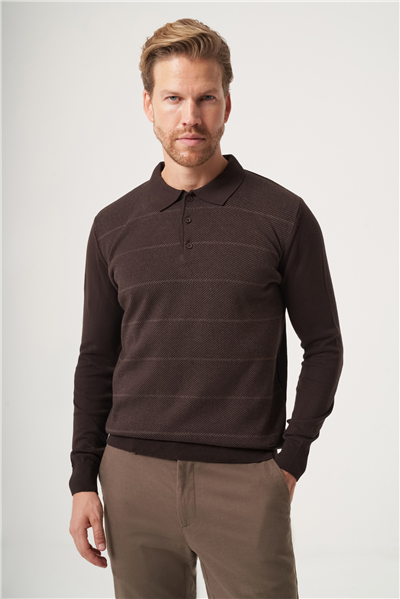 Kahverengi Polo Yaka Uzun Kol Örme Comfort Fit Pamuklu Kazak 1012265156