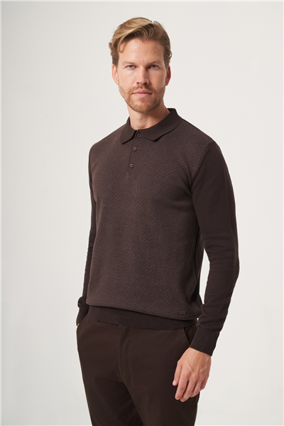 Kahverengi Polo Yaka Uzun Kol Örme Comfort Fit Pamuklu Kazak 1012265153