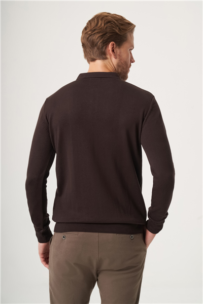 Kahverengi Polo Yaka Uzun Kol Örme Comfort Fit Pamuklu Kazak 1012265156
