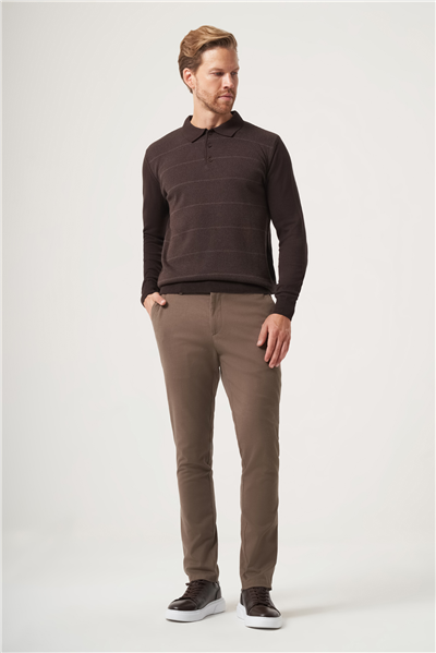 Kahverengi Polo Yaka Uzun Kol Örme Comfort Fit Pamuklu Kazak 1012265156