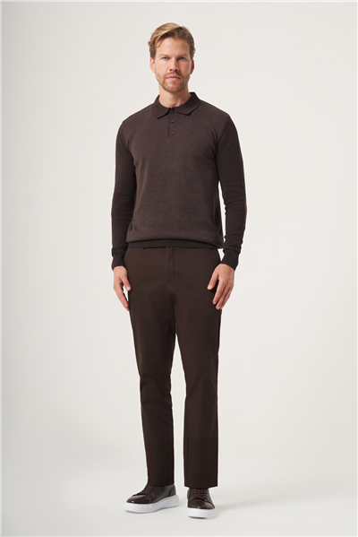 Kahverengi Polo Yaka Uzun Kol Örme Comfort Fit Pamuklu Kazak 1012265153