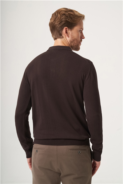 Kahverengi Polo Yaka Uzun Kol Örme Comfort Fit Pamuklu Kazak 1012265150