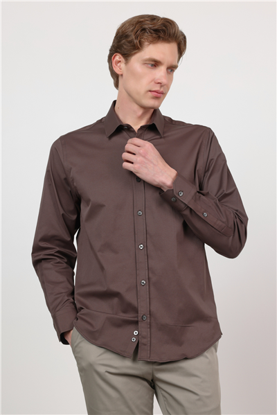 Kahverengi Sert Yaka Uzun Kol Cepsiz Slim Fit Pamuklu Gömlek 1004260213