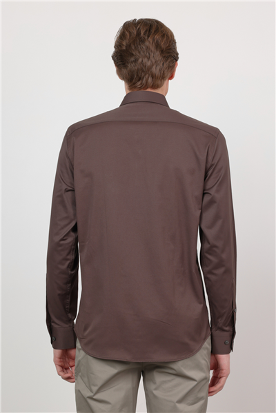 Kahverengi Sert Yaka Uzun Kol Cepsiz Slim Fit Pamuklu Gömlek 1004260213