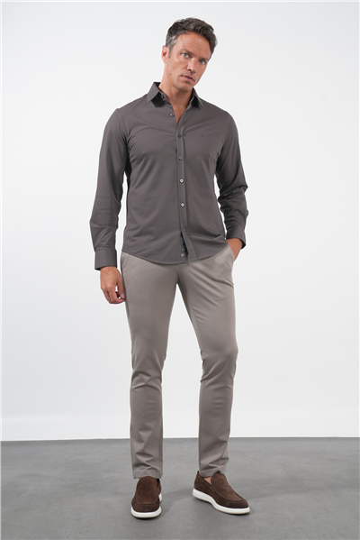 Kahverengi Tulum Yaka Uzun Kol Cepsiz Örme Slim Fit Pamuklu Gömlek 1004260208
