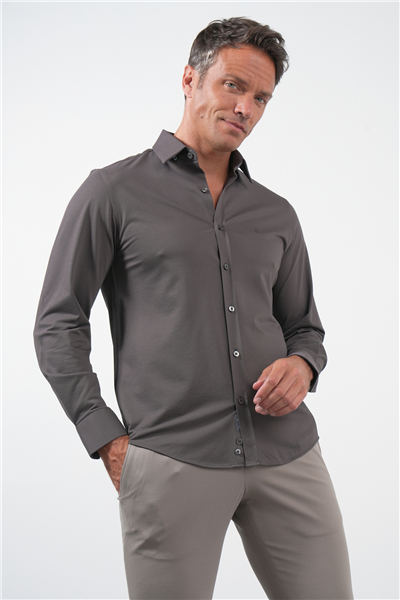 Kahverengi Tulum Yaka Uzun Kol Cepsiz Örme Slim Fit Pamuklu Gömlek 1004260208